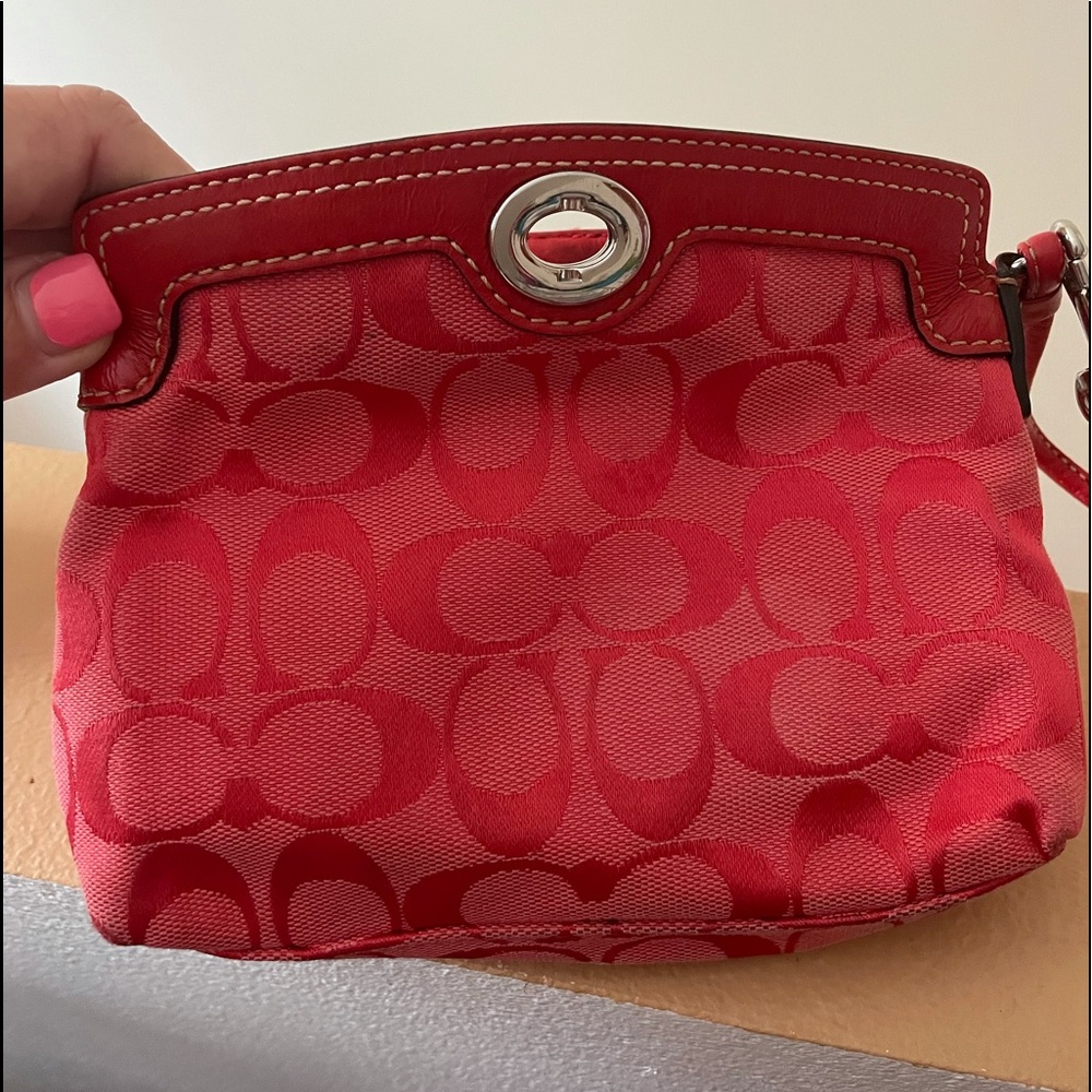 COACH wristlet tote in red with box fold closure